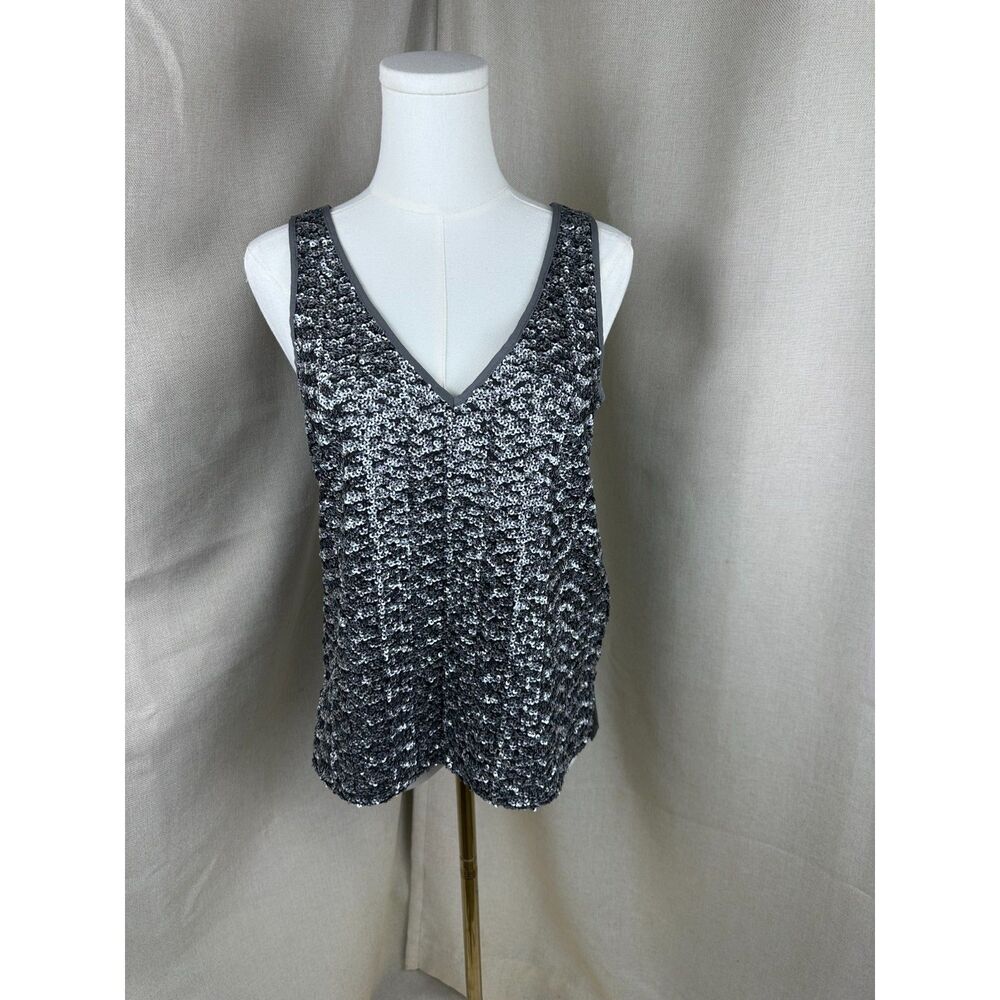 Banana Republic Womens Petite Small Silver Sequin Front V-Neck Tank Top Grey